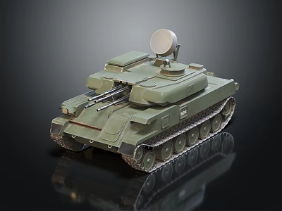 Green Armored Military Vehicle With Turret Radar Antenna Tracks And Cannon 3d model