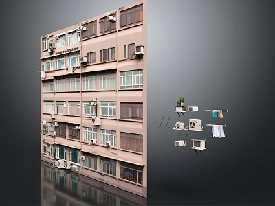 Old Multi Storey Apartment Building Featuring Windows Air Conditioners Hanging Clothes And Potted Plants 3d model