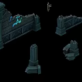 Ruined Ancient Building Exterior Wall With Stone Pillars And Broken Decorative Sections