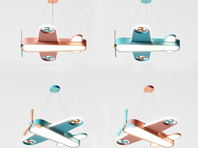 Airplane Shaped Decorative Pendant Lights in Copper and Blue with Propellers 3d model