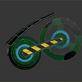 Futuristic Green Motorcycle with Large Wheels Blue Glowing Rings and Yellow Black Stripes