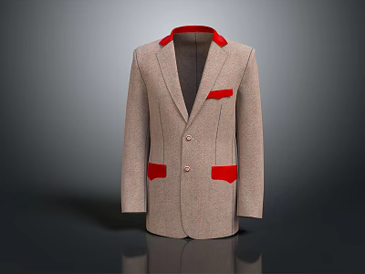 Elegant Beige Single Breasted Suit Jacket With Red Collar And Pockets 3d model