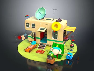 Colorful Camper Van Camping Scene With Satellite Dish Lifebuoy Deck Chair And Fishing Gear 3d model