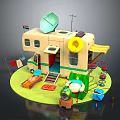 Colorful Camper Van Camping Scene With Satellite Dish Lifebuoy Deck Chair And Fishing Gear