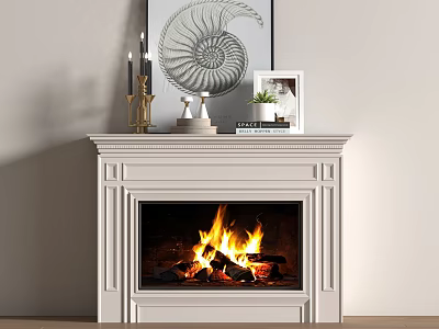 White Fireplace With Burning Fire Adorned With Nautilus Shell Art Candlesticks Photo Frame And Books 3d model