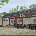 Traditional Chinese Courtyard Garden Featuring Tiled Roof Red Lanterns Dried Foods Firewood And Wooden Buckets