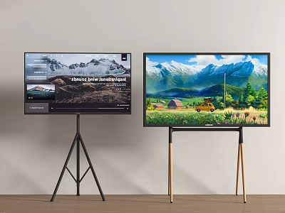 Two TVs with Different Stands Display Scenery and Product Interface 3d model