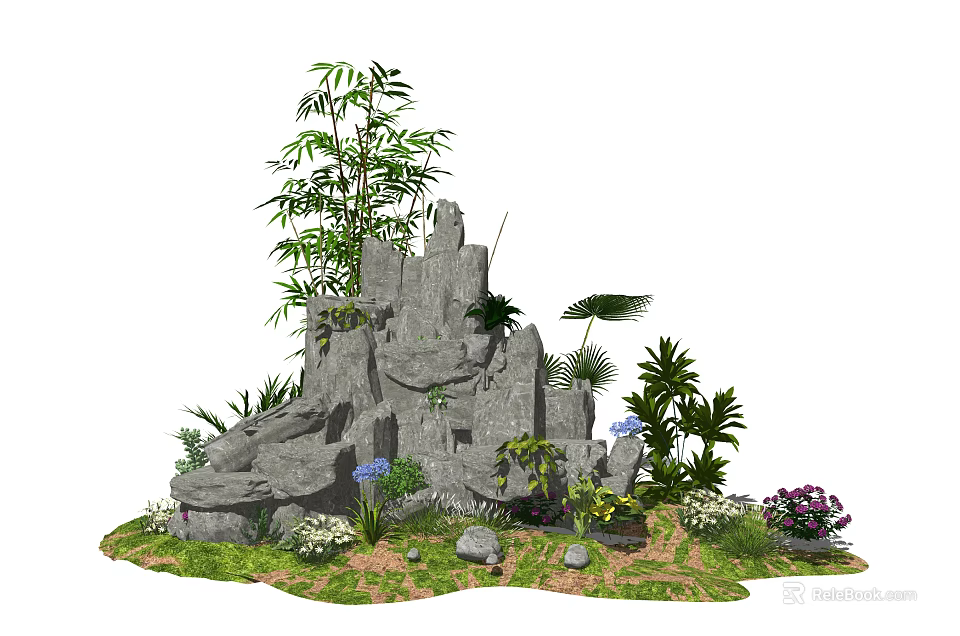 Natural Garden Ornament with Rockery Bamboo Green Plants and Colorful Flowers 3d model 