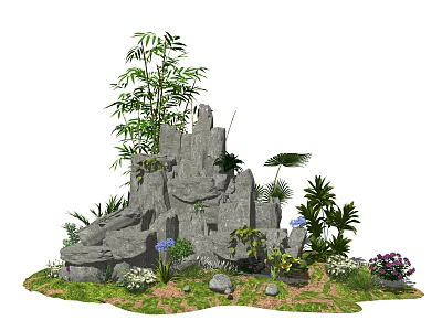 Natural Garden Ornament with Rockery Bamboo Green Plants and Colorful Flowers 3d model