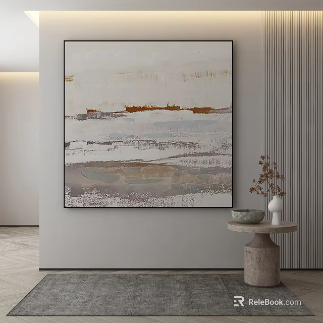 Neutral Toned Abstract Painting in Modern Interior with Side Table and Decorative Vase 3d model 