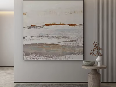 Neutral Toned Abstract Painting in Modern Interior with Side Table and Decorative Vase 3d model