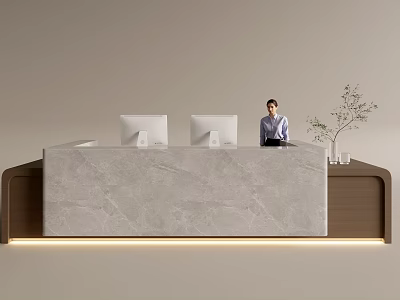 Modern Reception Desk With Marble Countertop Computers Receptionist And Decorative Plant 3d model