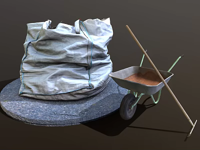 Gray Storage Bag Wheelbarrow with Dirt Rake and Circular Stone Slab 3d model