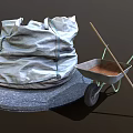 Gray Storage Bag Wheelbarrow with Dirt Rake and Circular Stone Slab 3d model