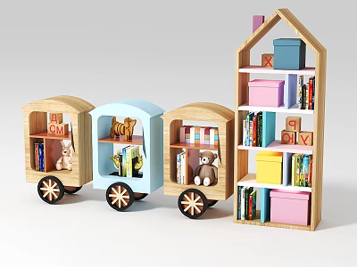 Wooden Bookcase Train Car and House Shape with Books Teddy Bear Colorful Boxes Alphabet Blocks 3d model