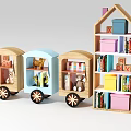 Wooden Bookcase Train Car and House Shape with Books Teddy Bear Colorful Boxes Alphabet Blocks