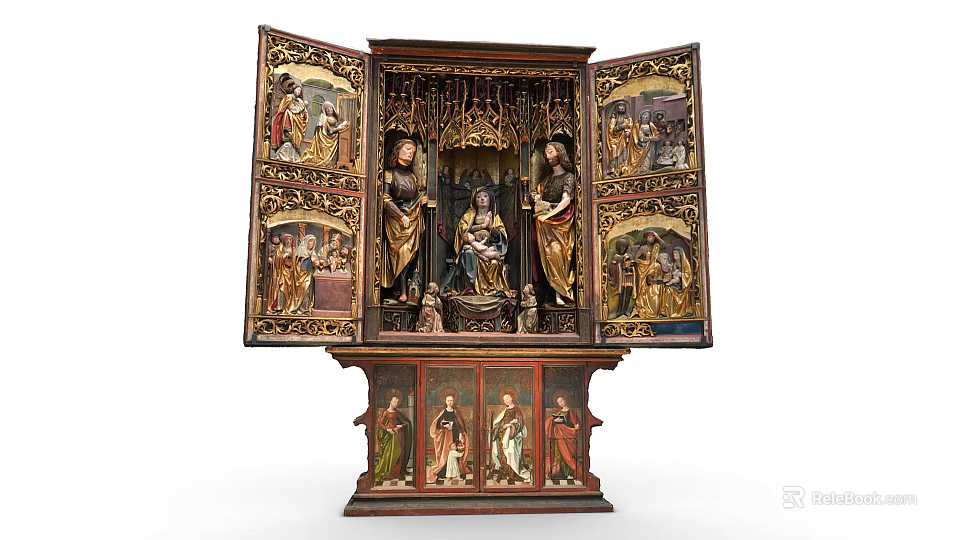 Carved Wooden Religious Altarpiece With Madonna Saints And Painted Triptych Figures 3d model 