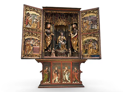 Carved Wooden Religious Altarpiece With Madonna Saints And Painted Triptych Figures 3d model