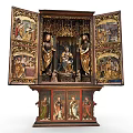 Carved Wooden Religious Altarpiece With Madonna Saints And Painted Triptych Figures