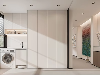 Modern Home Balcony Interior With Washing Machine White Cabinets And Window 3d model