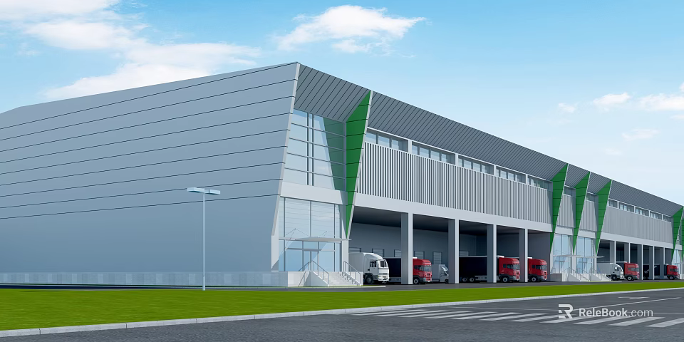 Modern Industrial Warehouse Exterior With Metal Glass Facade Green Accents Loading Docks Trucks And Road 3d model 