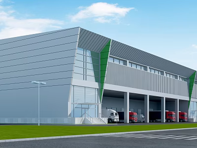 Modern Industrial Warehouse Exterior With Metal Glass Facade Green Accents Loading Docks Trucks And Road 3d model