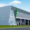 Modern Industrial Warehouse Exterior With Metal Glass Facade Green Accents Loading Docks Trucks And Road