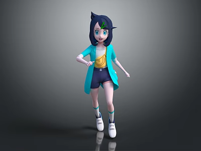 Cartoon Character With Blue Black Hair Green Eyes Yellow Badge And Creature Features 3d model