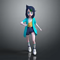Cartoon Character With Blue Black Hair Green Eyes Yellow Badge And Creature Features