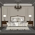 Elegant Classic Bedroom Interior With Chandelier King Bed Pillows Nightstands Lamps Area Rug