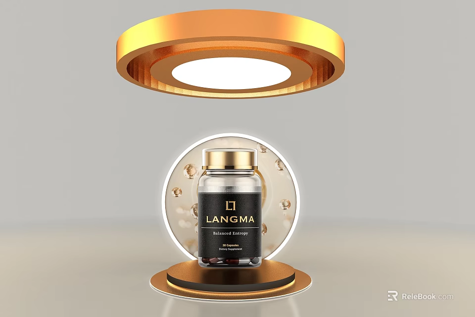 LANGAMA Luxury Bottle On Golden Display Stand With Circular Light And Pearls 3d model 