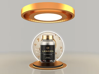 LANGAMA Luxury Bottle On Golden Display Stand With Circular Light And Pearls 3d model