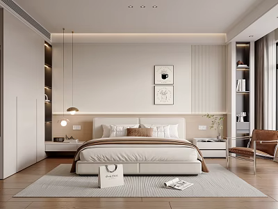 Modern Minimalist Bedroom Interior With Decorative Paintings Soft Rug And Wooden Chair 3d model