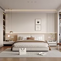 Modern Minimalist Bedroom Interior With Decorative Paintings Soft Rug And Wooden Chair