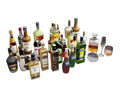 Assorted Liquor Bottles and Wine Glasses with Various Styles for Bar 3d model