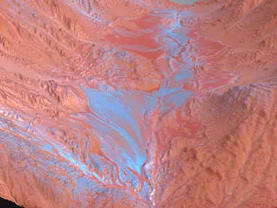 Colorful Garden Landscape Design With Red Terrains Blue Water Features And Natural Textures 3d model