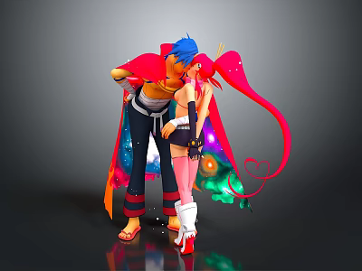 Game And Movie Characters Blue Hair Male With Red Cape And Pink Haired Female 3d model