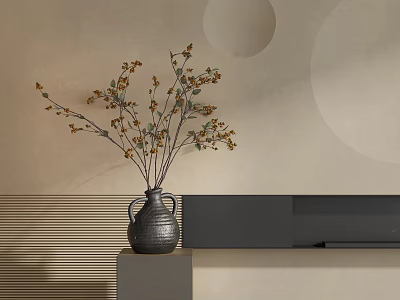 Gray Vase With Branches Bearing Yellow Flowers Green Leaves On Gray Pedestal Beige Wall 3d model
