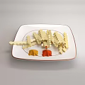Crispy Yellow French Fries on White Square Plate with Red and Yellow Seasoning Powders