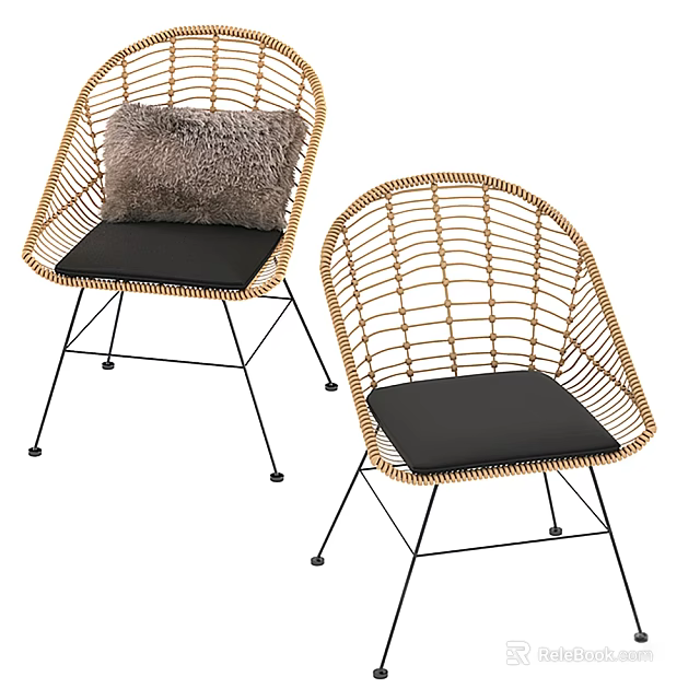 Outdoor Rattan Chairs With Black Metal Frame Black Cushion And Plush Pillow 3d model 