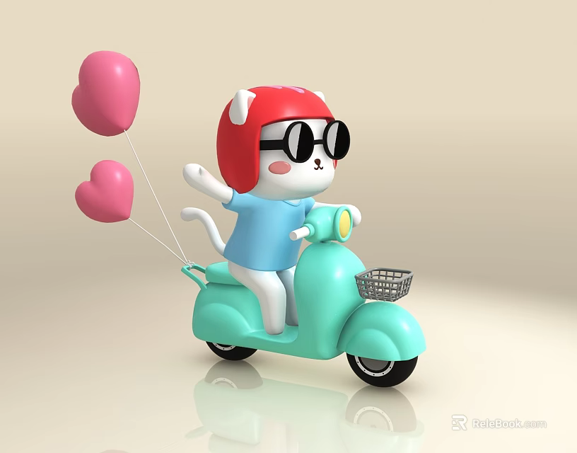 Cartoon Cat In Red Helmet And Sunglasses Riding Light Green Scooter With Heart Balloons 3d model 