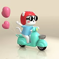 Cartoon Cat In Red Helmet And Sunglasses Riding Light Green Scooter With Heart Balloons