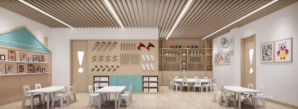 Bright Kindergarten Classroom With Wooden Ceiling Colorful Shelves And Kids Furniture 3d model 