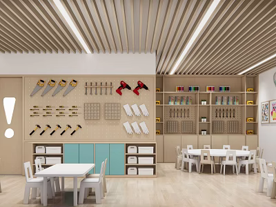 Bright Kindergarten Classroom With Wooden Ceiling Colorful Shelves And Kids Furniture 3d model
