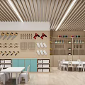 Bright Kindergarten Classroom With Wooden Ceiling Colorful Shelves And Kids Furniture