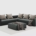 Gray Sectional Sofa With Light Gray Pillows Ottoman And Dark Blanket 3d model