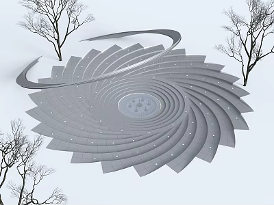 Modern Water Fountain With Spiral Petal Structure Surrounded By Bare Trees In White Setting 3d model