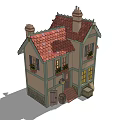 Cartoon House With Red Tiled Roof Chimney Palm Trees Green Lawn And Blue Sky