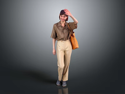 Woman Wearing Brown Shirt And Beige Pants With Brown Bag Waving Hand On Gray Background 3d model