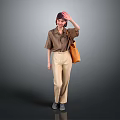 Woman Wearing Brown Shirt And Beige Pants With Brown Bag Waving Hand On Gray Background